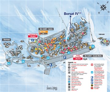 Tignes/Val d'Isère – Borsat IV - plánek střediska Tignes Val Claret a poloha rezidence Borsat IV